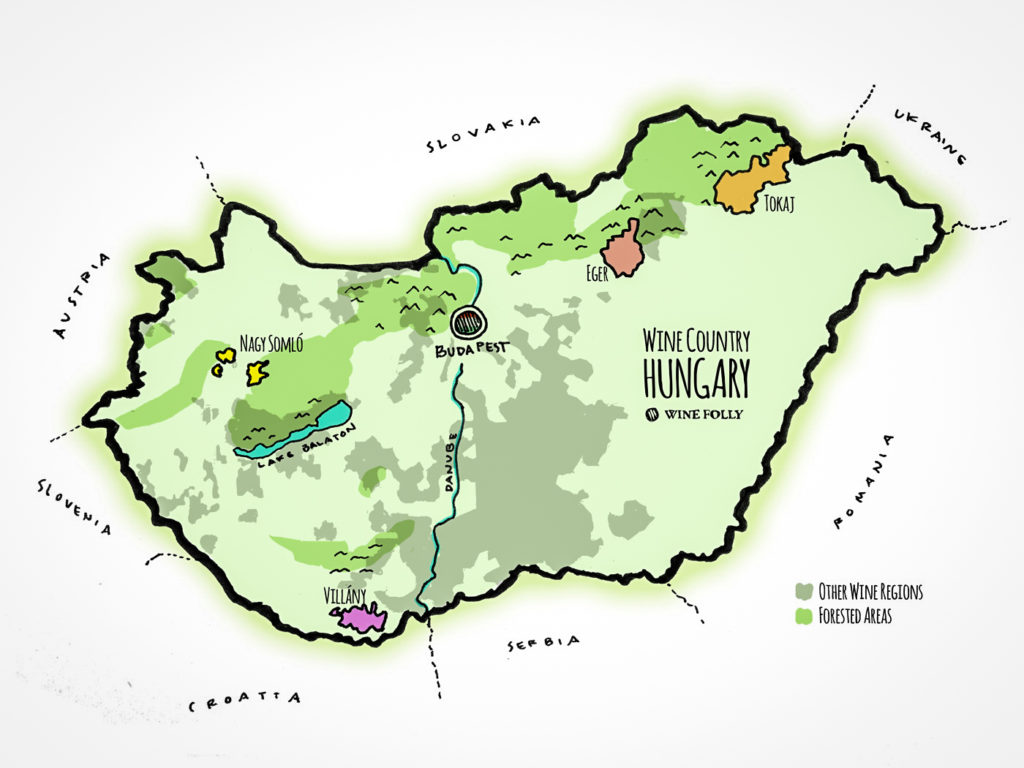 Hand-drawn map of Hungary's wine regions