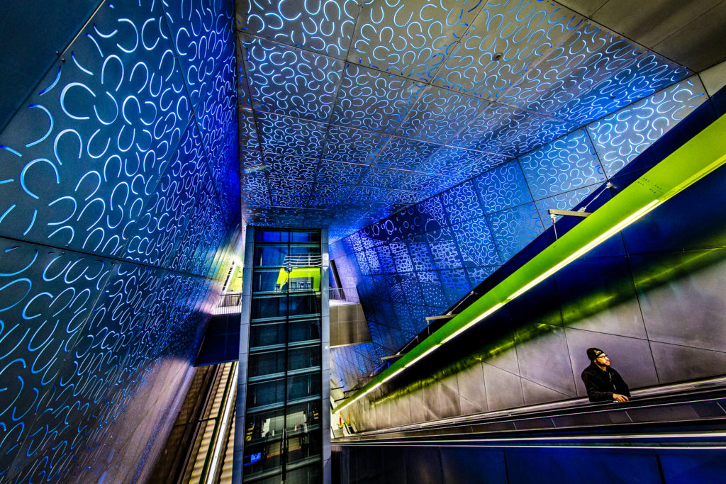 Escalators at University of Washington Sound Transit light rail station